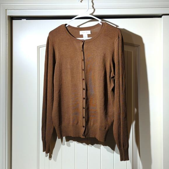 Judith Hart Brown Wide Ribbed Hem and Sleeved Silk Blend Cardigan Women's Sz L - Picture 1 of 8